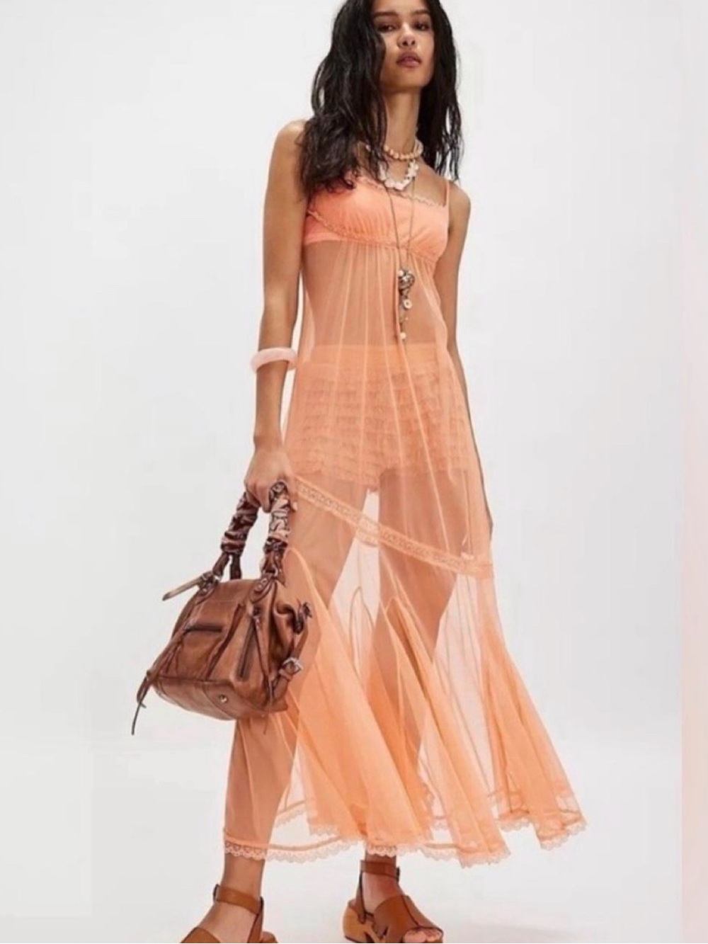 Free People Intimately Madeline Mesh Lace Godet peachy pink sheer maxi dress
